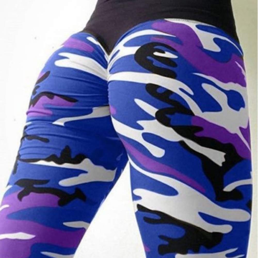 Blue Camouflage High Waist Scrunch Yoga Pants